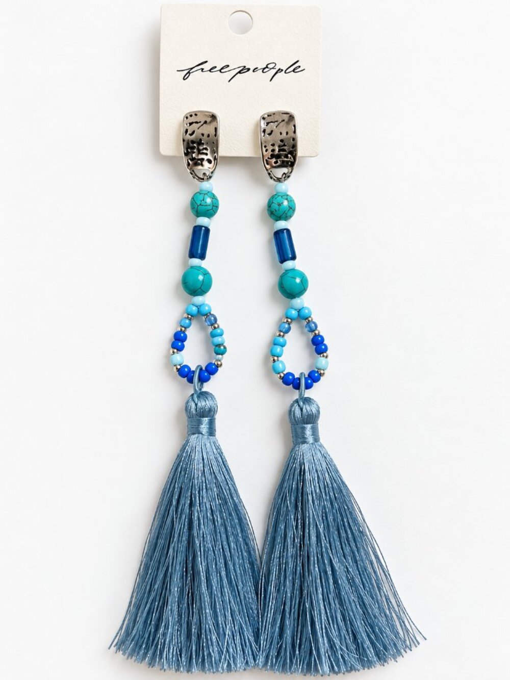 Free People Blue Turquoise Beaded Tassel Statement Earrings NWT